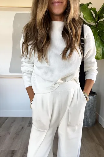 Vista 4 de Conjunto de dos piezas para mujer, suéter de manga larga, suéter de punto, pantalón suelto, conjunto de ropa de descanso