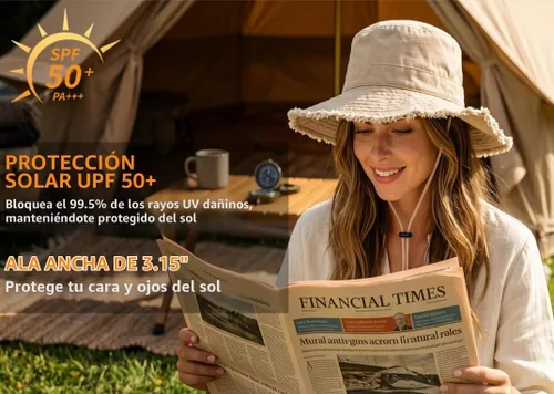 Vista 3 de Connectyle Sombrero de sol de algodón para mujer, sombrero de pescador de ala ancha, plegable, sombrero de jardinería, transpirable, para verano