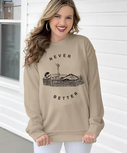 Vista 4 de Never Better - Sudadera de esqueleto para mujer, camiseta de Halloween, diseño de calavera de terror, manga larga, sarcástico, sin botones