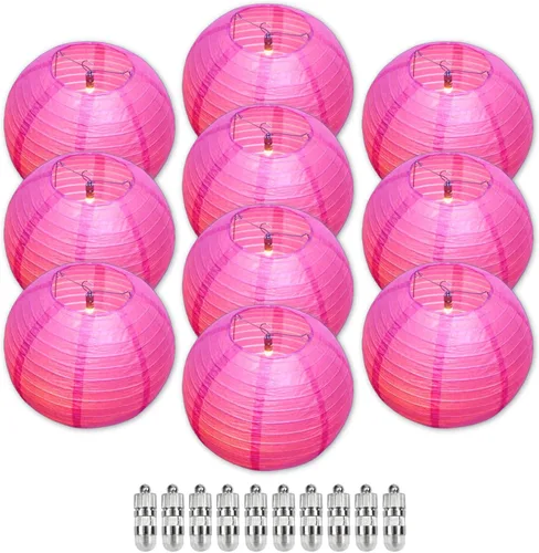Vista 17 de Linternas de papel chino rosa con luces LED, paquete de 10