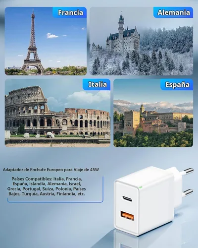 Vista 6 de adaptador europeo del enchufe del viaje 45W, cargador rápido del USB C del convertidor de corriente de 2 puertos