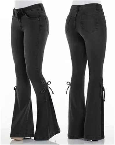 Vista 5 de Andongnywell - Pantalones de mezclilla acampanados con cordones para mujer, cintura media, pierna ancha, corte de bota, pantalones de mezclilla