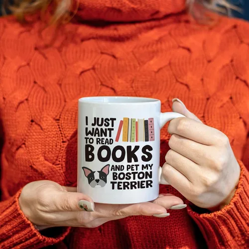 Vista 2 de Taza de café Boston Terrier, I Just Want to Read Books and Pet My Boston Terrier Taza de cerámica de 11 onzas, taza de té para perros, regalos