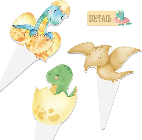 Vista 4 de Decoración de dinosaurio para baby shower, 48 piezas de decoración de cupcakes de dinosaurio para decoración de fiesta de cumpleaños de dinosaurio