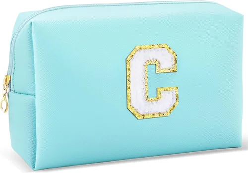 Vista 17 de URSKYTOUS Regalos para niñas, bolsa de maquillaje con inicial, bolsa de cosméticos personalizada con cremallera, bonita bolsa de aseo de viaje, Azul