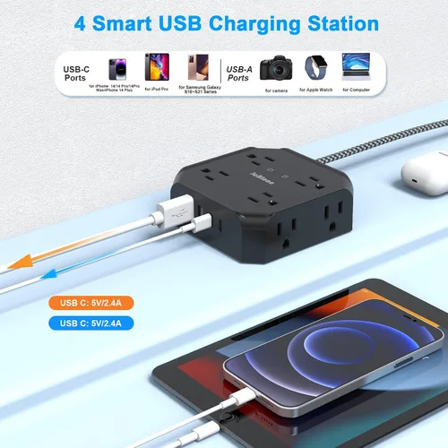 Vista 3 de Protector de sobretensiones - Cable de extensión de enchufe plano de 15 pies con 8 tomas amplias y 4 puertos USB (2 USB C), extensor de salida