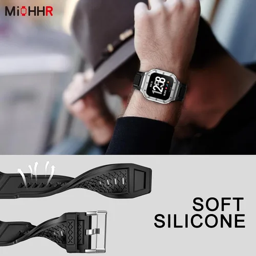 Vista 6 de MioHHR Funda y correa de acero inoxidable compatible con Fitbit Versa 4/3/2/Lite/Sense/Sense 2 bandas con funda de metal, resistente cubierta
