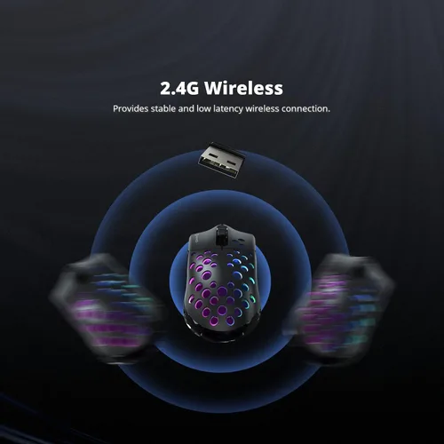 Vista 2 de DREVO Owl - Mouse inalámbrico RGB para juegos con 85G ligero, conectividad de 2.4G, 6 botones programables, sensor óptico PixArt PMW3325 y 6 niveles