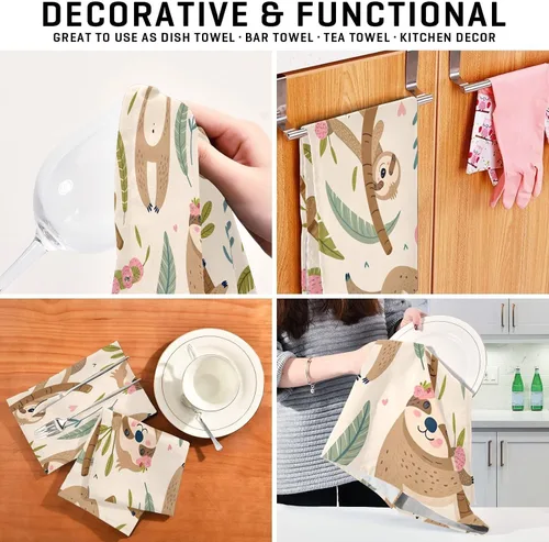 Vista 7 de Kigai Juego de 4 toallas de cocina, diseño de perezoso lindo altamente absorbente, paños de limpieza reutilizables, paños de cocina, toallas de mano