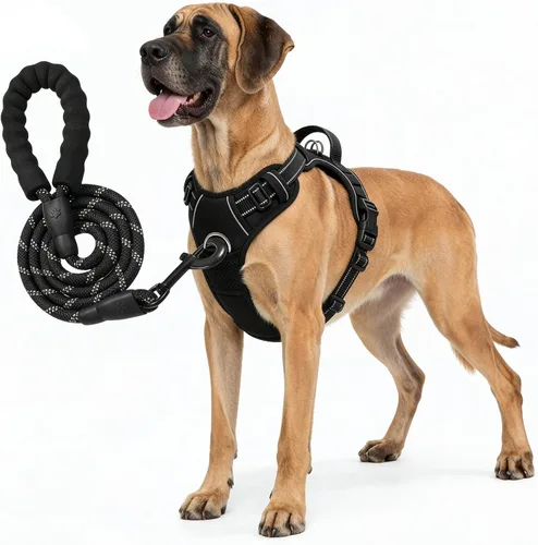 Vista 8 de Juego de arnés y correa para perro sin tirones para perros grandes, ajustable, reflectante, transpirable, suave, acolchado, de fácil control