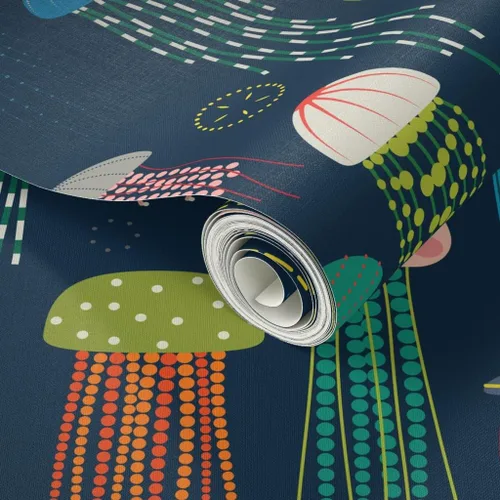 Vista 2 de Muestras de papel tapiz para despegar y pegar, medusas brillantes y modernas, animales coloridos océanos, natación, criaturas marinas, decoración