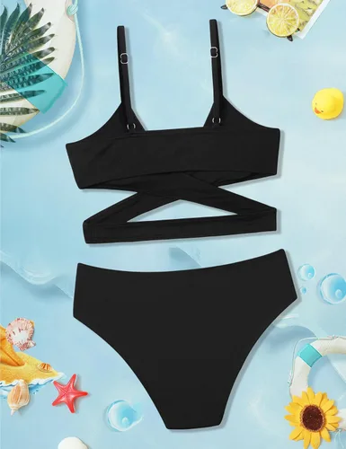Vista 5 de Conjunto de bikini para niñas, traje de baño de dos piezas, traje de baño cruzado para niñas