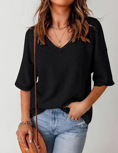 Vista 2 de MEROKEETY - Blusa de media manga con cuello en V, punto gofre y alas de murciélago para mujer, camiseta suelta de color sólido