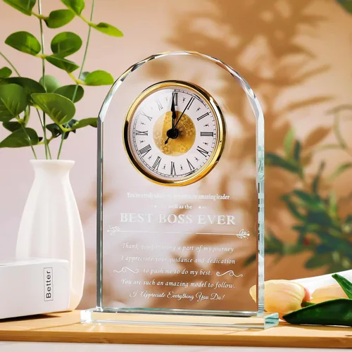 Vista 6 de YWHL Regalos de cumpleaños para mujeres y hombres, regalo significativo de agradecimiento para mujeres, reloj de mesa de vidrio grabado con láser