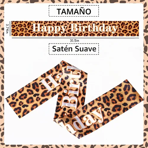 Vista 3 de Banda de cumpleaños ajustable de leopardo para mujeres y niñas, decoración de fiesta de cumpleaños de guepardo, suministros de animales de safari