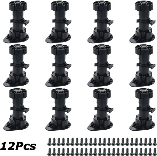 Vista 6 de Niveladores ajustables de 3.9 a 5 pulgadas para borde de gabinete, 12 piezas, patas niveladoras de muebles, pies de nivelación de plástico negro
