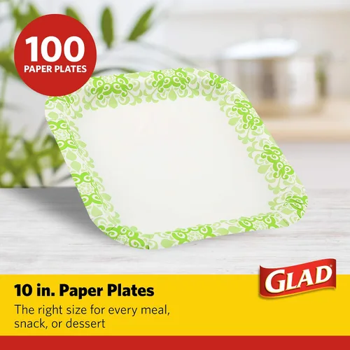 Vista 2 de Glad Platos cuadrados de papel desechables, patrón victoriano verde, fuertes, resistentes, a prueba de remojo y aptos para microondas para cena