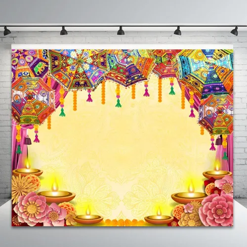 Vista 2 de Telón de fondo indio Diwali Pooja para fotografía, 10 x 8 pies, vinilo indio, tradicional, Puja Ganpati Mehndi Diwali, Festival de fotos, decoración