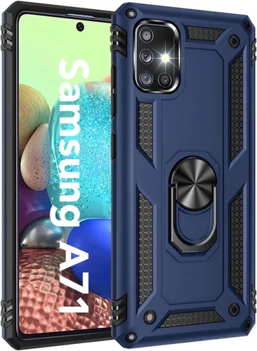 Vista 6 de Funda para Galaxy A71 5G, grado militar, resistente, de doble capa, cuerpo completo, a prueba de golpes, protección de cámara con anillo atril Negro