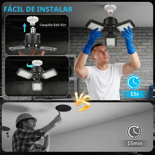 Vista 3 de 4 paquetes de luces LED para garaje, 60 W, luz de techo de garaje deformable, 8000 lm, E26, luces de sótano con 3 paneles LED ajustables, se adapta