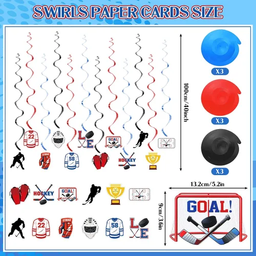 Vista 3 de 27 piezas de suministros de fiesta de cumpleaños de hockey bola de hielo, regalos de fiesta de hockey para cupcakes, remolinos colgantes