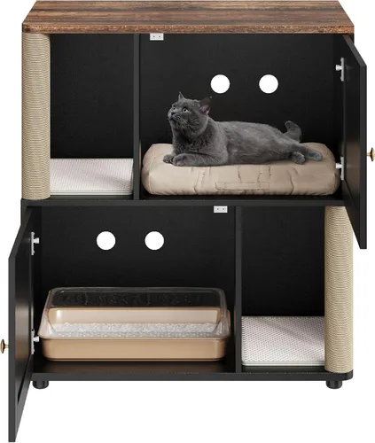 Vista 2 de CABIHOME Caja de arena doble para gatos con poste rascador, armario oculto 2 en 1 con tapete de arena, caja de arena grande para 2 gatos, color negro