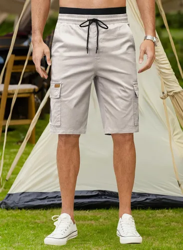 Vista 3 de JMIERR Pantalones cortos de sarga para hombre con cordón de algodón clásico elástico con 6 bolsillos