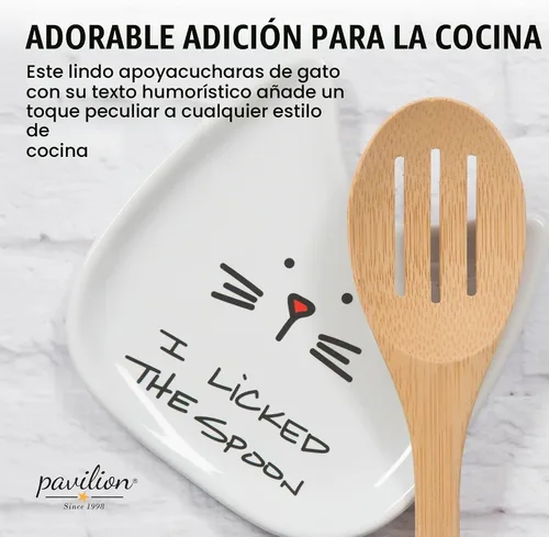 Vista 2 de Pavilion Gift Company Blobby Cat plato apoya cucharas "I Licked the Spoon" de 5 pulgadas, color blanco
