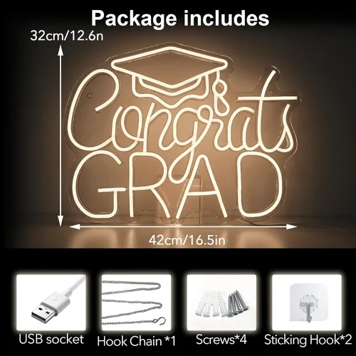 Vista 3 de Letrero de Felicitaciones Graduación Neón 2025 - Decoración de Graduación USB Blanca Cálida para Telón de Fondo, Dormitorio, Noche de Prom