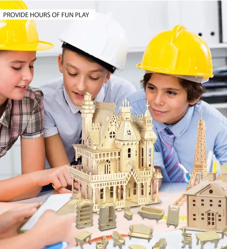 Vista 2 de Puzzled Paquete de muebles y casa de muñecas de fantasía, rompecabezas 3D de madera, kits de construcción, juguetes educativos de bricolaje