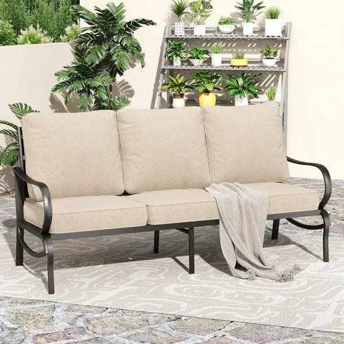 Vista 2 de PHI VILLA Sofá de metal para patio con cojín impermeable extra grueso de 5.75 pulgadas, asiento profundo de 3 plazas y respaldo alto, sofá