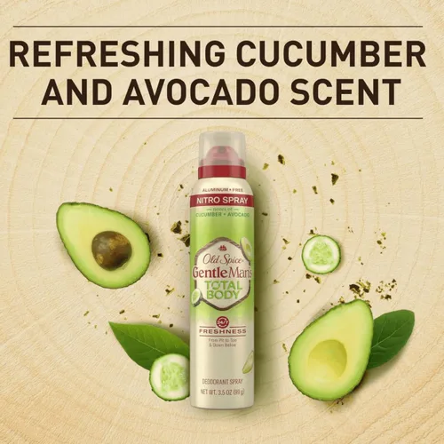 Vista 4 de Old Spice Spray desodorante de cuerpo entero para hombres, sin aluminio, aroma a pepino + aguacate, protección contra olores 24/7, frescura duradera