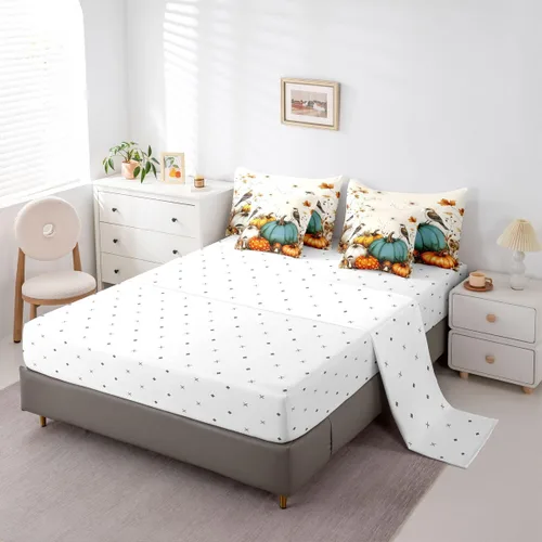 Vista 4 de Feelyou Fall Pumpkin Comforter Set with Sheets 7 Piece Twin Size Autumn Bed in a Bag Kids Boys Girls Pumpkin Maple Leaf Bedding Set Hummingbird Beig