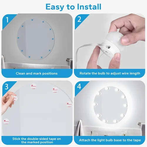 Vista 7 de Luces LED de tocador para espejo, luces de tocador adhesivas con 10 bombillas regulables, 3000K 4000K 6500K y 10 niveles de brillo ajustable, cable