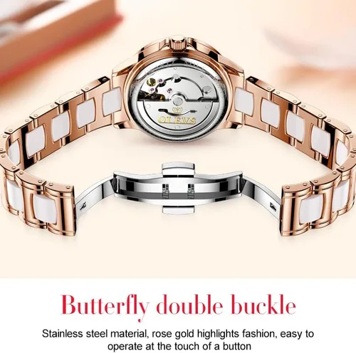 Vista 6 de OLEVS Reloj para mujer automático automático mecánico reloj de pulsera para mujer, cara grande, dos tonos, acero inoxidable, pulsera de cerámica