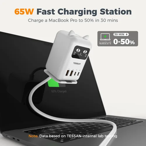 Vista 4 de Cargador de bloque USB C PD 65W, estación de carga TESSAN para múltiples dispositivos, cargador de torre de escritorio con 4 puertos USB para iPhone
