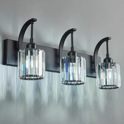 Vista 30 de Luces de tocador de cristal de 3 luces negras para tocador de baño, modernas lámparas de baño de cristal sobre espejo de 23.62 pulgadas de largo