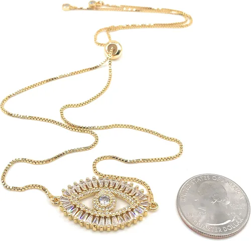 Vista 5 de LESLIE BOULES Collar de ojo malvado de oro chapado en oro de 18 quilates con cadena ajustable deslizante, Cristal