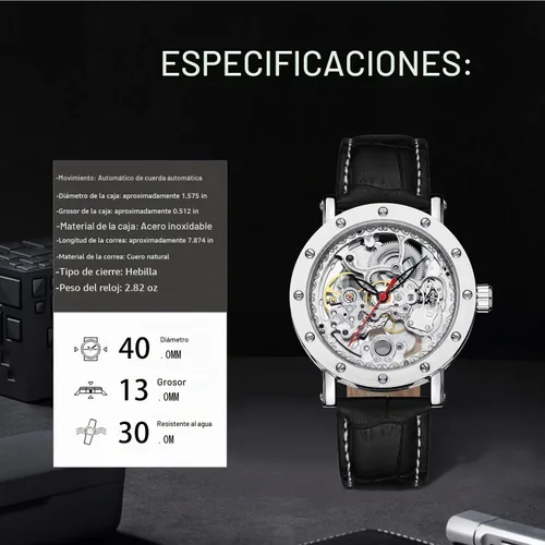Vista 3 de Reloj esqueleto de lujo para hombre, reloj de pulsera para hombre, correa