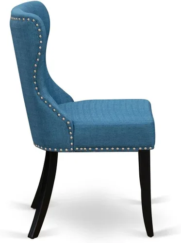 Vista 6 de East West Furniture SIP1T21 Sion Parson - Juego de 2 sillas tapizadas de tela de lino azul con ribete de clavos y botones copetudos, color negro