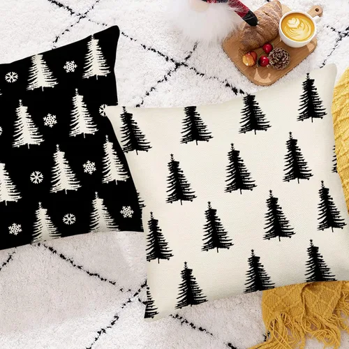 Vista 4 de Fundas de almohada decorativas para árbol de Navidad en blanco y negro de 16 x 16 pulgadas, juego de 2 fundas de almohada con diseño de árboles