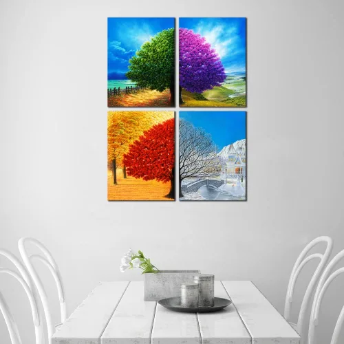 Vista 4 de Wieco Art Lienzo decorativo de 4 paneles para pared, diseño de árbol de cuatro estaciones, coloridas impresiones de paisaje de primavera, verano