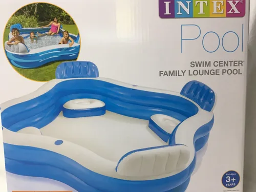 Vista 4 de Doukedge Piscina familiar, centro de natación inflable grande con 4 asientos integrados para niños y adultos, piscina gruesa para niños y adultos