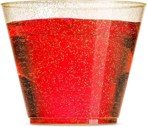 Vista 4 de 100 vasos de plástico con purpurina – Vasos de plástico transparente de 9 onzas – Vasos de purpurina dorada desechables para bodas y fiestas