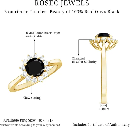 Vista 12 de Anillo de compromiso de ónix negro de 1.25 quilates con halo de diamantes, anillo de compromiso de ónix negro para mujer