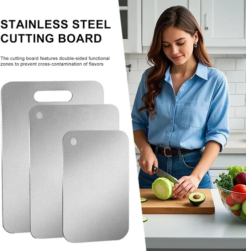 Vista 4 de Tabla de cortar, tabla de cortar de acero inoxidable, diseño de doble cara de 13.39 x 9.06 pulgadas, antidaños, herramienta de cocina para verduras