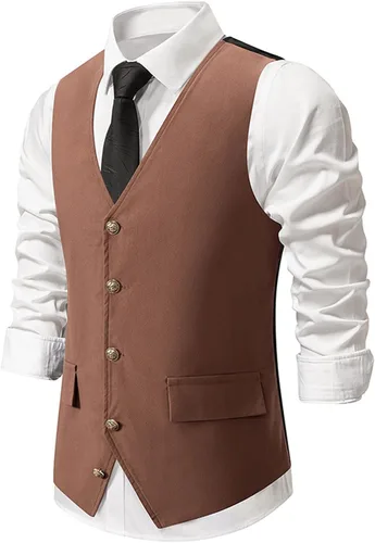 Vista 2 de Chaleco de traje para hombre con cuello en V y botones Coffee