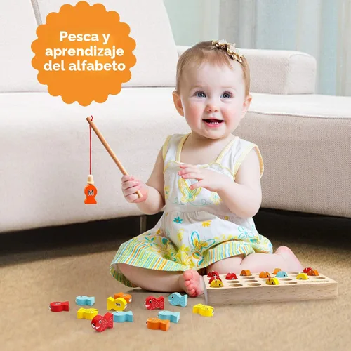 Vista 2 de Coogam Juego de Pesca Magnética de Madera, Juguete de Habilidad Motora Fina, Rompecabezas de Clasificación de Colores del Alfabeto ABC, Jugueto