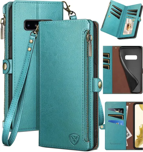 Vista 10 de XcaseBar Funda tipo cartera para Samsung Galaxy S10+/S10 Plus con cremallera y tarjetero de crédito con bloqueo RFID, funda de piel sintética