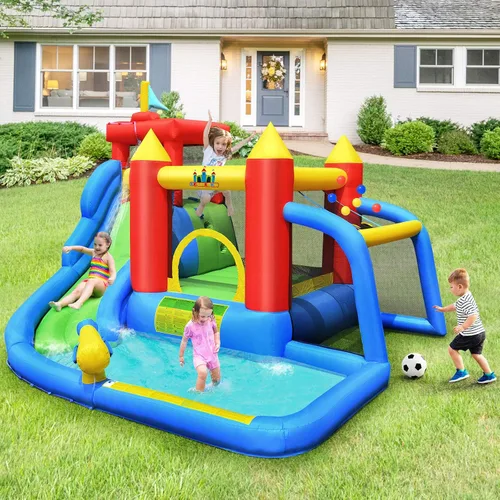 Vista 2 de BOUNTECH Tobogán acuático inflable, parque de toboganes acuáticos 7 en 1 para niños, diversión al aire libre con puerta de fútbol, soplador GFCI